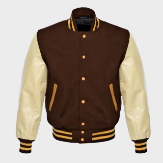 Brown Wool Cream Real Leather Sleeves Letterman College Baseball Varsity Jacket