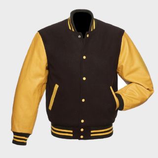 Brown Wool Letterman Bomber Jacket Varsity Yellow Gold Real Leather Sleeves