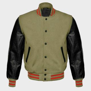 Cream Beige Wool Black Real Leather Sleeves Letterman Baseball Varsity Jacket