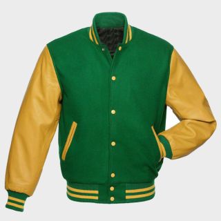 Green Wool Varsity Letterman Bomber Baseball Jacket Gold Yellow Leather Sleeves
