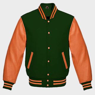 Lishow Fashion Varsity Jacket Baseball Letterman Bomber Green Wool & Leather Sleeves