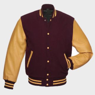 Maroon Wool Varsity Bomber Baseball Jacket Gold Yellow Leather Sleeves
