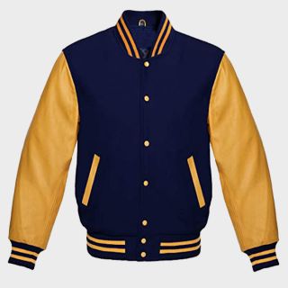 Premium Letterman Baseball School College Bomber Varsity Jacket Navy Blue & Gold Genuine Leather Sleeves