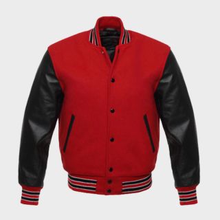Red Wool Varsity Letterman Bomber Baseball Jacket Black Leather Sleeves