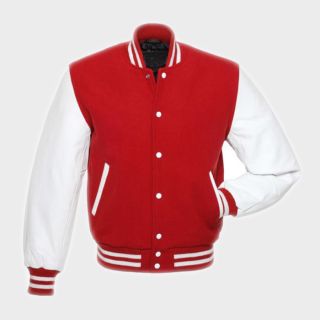 Red Wool Varsity Letterman Bomber Baseball Jacket White Leather Sleeves