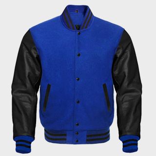Varsity Blue Wool And Black Leather Sleeves Letterman Jacket