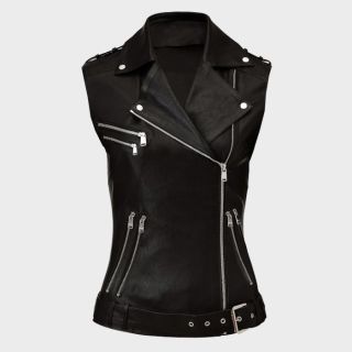 Women Classic Black Leather Vest