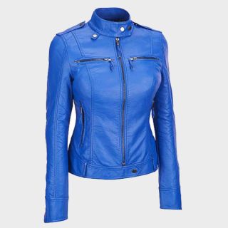 women Classic Blue Leather Jacket